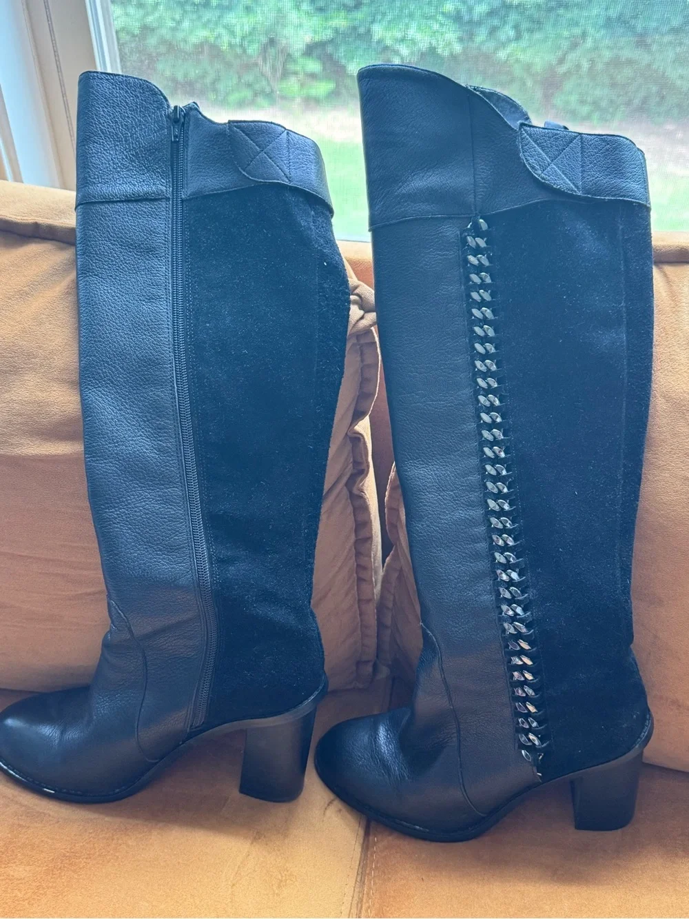 Gianni Bini Black Over-the-Knee Leather Boots with Side Chain Detail